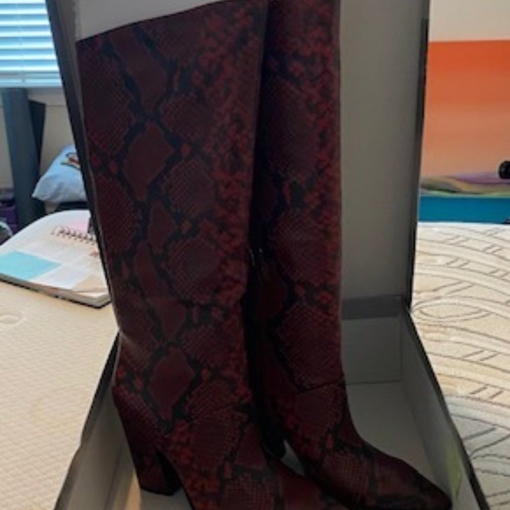 JLO Jennifer Lopez Doralee Boots, Size 9.5, Color - Red Snake Print, Brand New